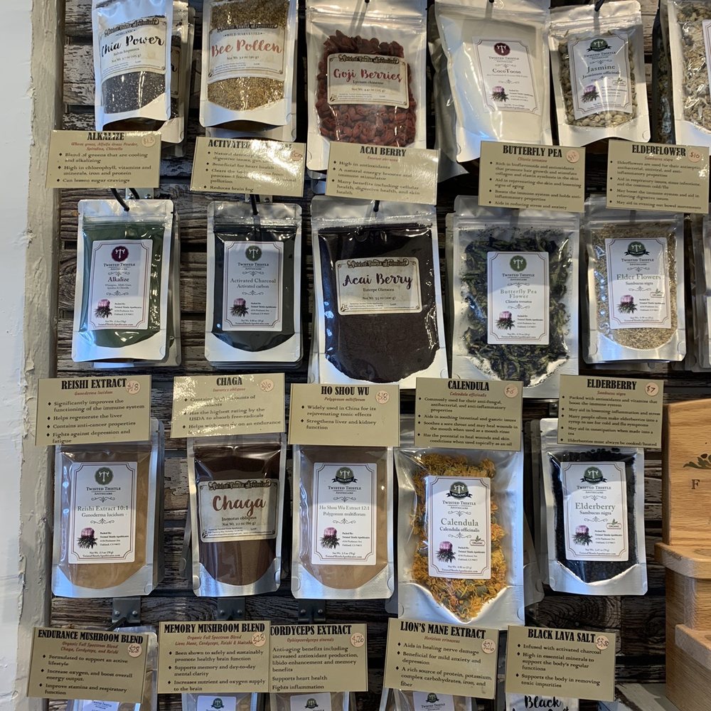 Twisted Thistle Apothicaire - a display of dried herbs - Health Markets Near Me - Oakland, California Twisted Thistle Apothicaire - a display of dried herbs - Health Markets Near Me - Oakland, California