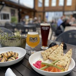 Char and Chowder - Seared scallops, smoked salmon with whipped feta and grilled bread.
