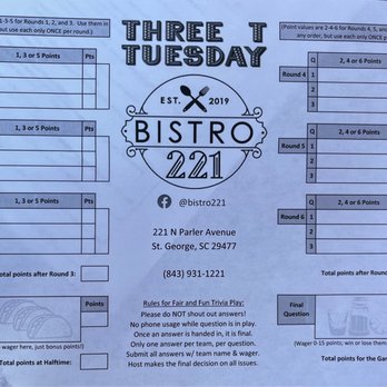 Bistro 221 - Trivia Thursdays - American Near Me - Saint George, South Carolina Bistro 221 - Trivia Thursdays - American Near Me - Saint George, South Carolina