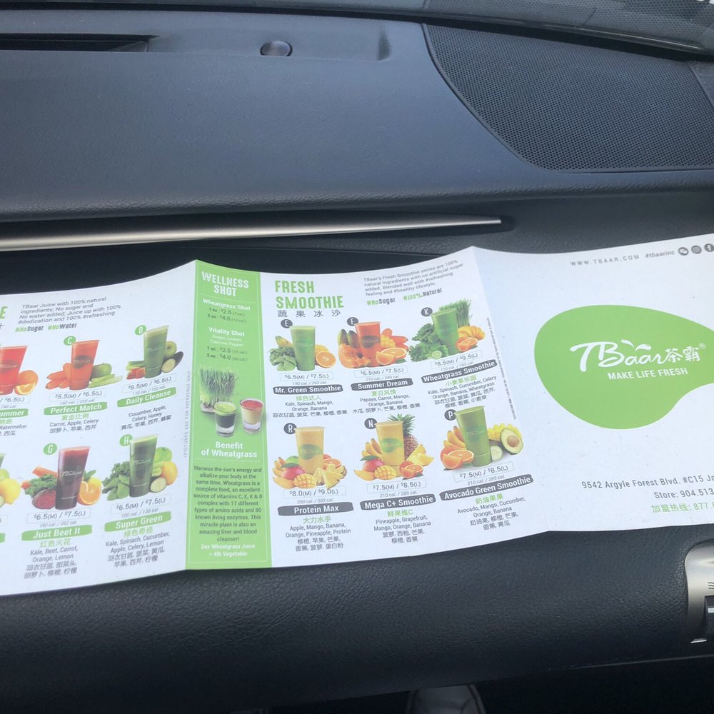 Tbaar Cafe Oakleaf - Smoothie Menu - Cafes Near Me - Jacksonville, Florida