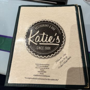 Katie's Restaurant & Bar - Menu cover - American Near Me - New Orleans, Louisiana Katie's Restaurant & Bar - Menu cover - American Near Me - New Orleans, Louisiana
