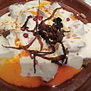 Comptoir Libanais - Fattet Lamb Kibbeh (minced lamb wheat parcels with pine nuts, warm tahini yoghurt, garnished with crispy pita & fried onions). - Lebanese Near Me - London, XGL