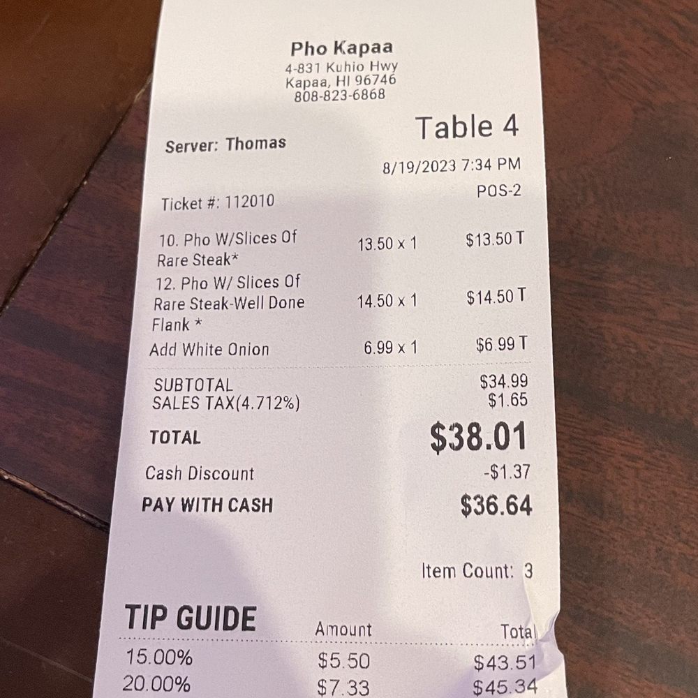 Pho Kapaa - Receipt that shows exorbitant charge for pickled onion. - Vietnamese Near Me - Kapaa, Hawaii Pho Kapaa - Receipt that shows exorbitant charge for pickled onion. - Vietnamese Near Me - Kapaa, Hawaii