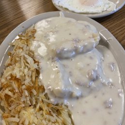 Combo: Hash brown, 1/4 biscuits & gravy.   Two eggs ala carte. Less than $10!