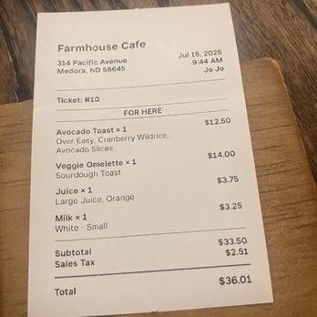 The Farmhouse Cafe - Receipt. - Breakfast & Brunch Near Me - Medora, North Dakota The Farmhouse Cafe - Receipt. - Breakfast & Brunch Near Me - Medora, North Dakota