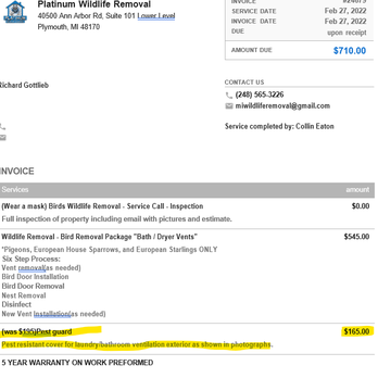Platinum Wildlife Removal - Price quoted $165, when time came to schedule work, price went up to $399 - Wildlife Control Near Me - Canton, Michigan Platinum Wildlife Removal - Price quoted $165, when time came to schedule work, price went up to $399 - Wildlife Control Near Me - Canton, Michigan