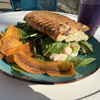 Sweet Potatoe's Up Beet Cafe - Photo 10: Up Beet Sandwich with Plantain Chips and Iced Ube Latte - Cafes Near Me - El Cerrito, California