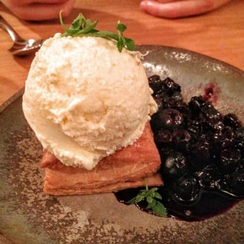 The Progress - $10 Double Blueberry "Pie" made with cream cheese ice cream, puff pastry, and fino basil. Skip this. - New American Near Me - San Francisco, California The Progress - $10 Double Blueberry "Pie" made with cream cheese ice cream, puff pastry, and fino basil. Skip this. - New American Near Me - San Francisco, California