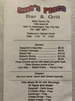 Menu photo 1 Szak's Place Belle Vernon, PA Menu photo 1 Szak's Place Belle Vernon, PA