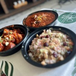 The Mint Room - Gobi Lahsooni (left), Samosa Chaat (front), lamb vindaloo (right)