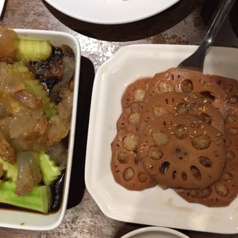 Dinesty Dumpling House - jellyfish and cucumber (l); lotus root with honey - both delicious! - Chinese Near Me - Vancouver, British Columbia