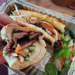 Zoomed in grilled pork bahn mi Zoomed in grilled pork bahn mi