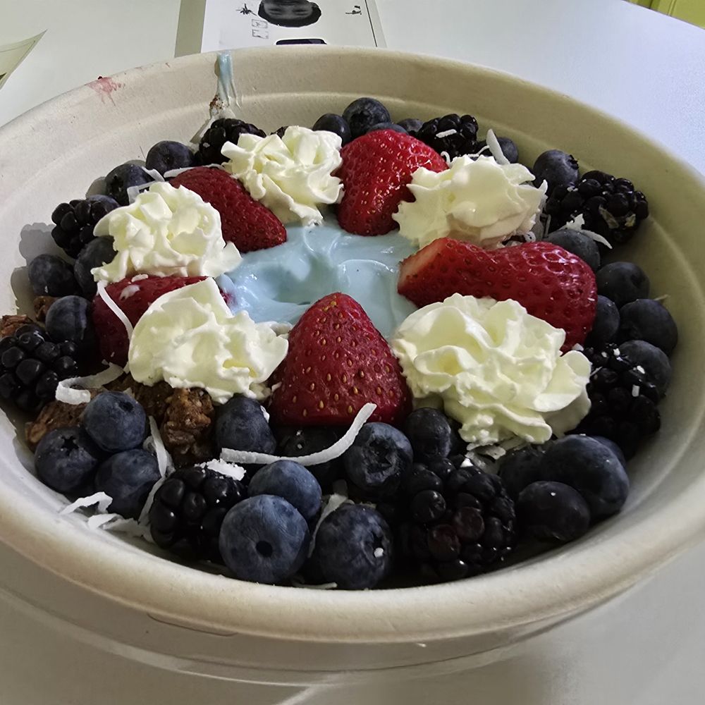 Chums - Blue vanilla yogurt with strawberries, blueberries, granola, coconut, and whipped cream. - Juice Bars & Smoothies Near Me - Ardmore, Pennsylvania