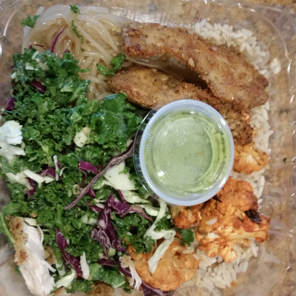 Fresh Kitchen - AMAZING crispy Almond chicken. Kale salad, cauliflower, sweet potato noodles and kale dressing. The BEST combination I've got here! - New American Near Me - Sarasota, Florida Fresh Kitchen - AMAZING crispy Almond chicken. Kale salad, cauliflower, sweet potato noodles and kale dressing. The BEST combination I've got here! - New American Near Me - Sarasota, Florida