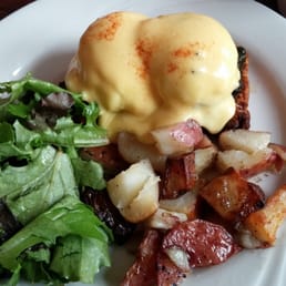 Spinach Benedict with Potatoes and Greens. Served on top of beer bread. So good! Spinach Benedict with Potatoes and Greens. Served on top of beer bread. So good!