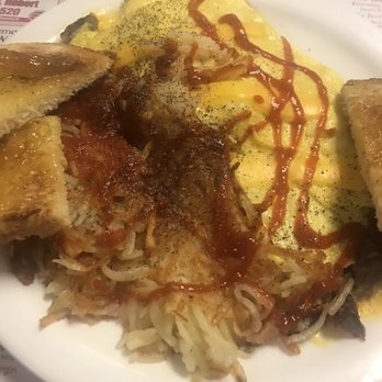 Dick's Restaurant - Meat with cheese omelette.  Comes with hash browns and bottomless coffee!!! - Breakfast & Brunch Near Me - Mexico, Maine