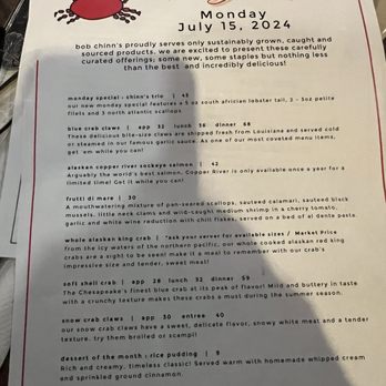 Bob Chinn's Crab House - Specials Menu Monday, 7-15-2024 - Seafood Near Me - Wheeling, Illinois