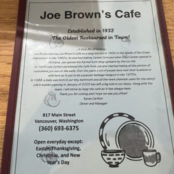 Joe Brown's Cafe - Cover of Menu with history. - Diners Near Me - Vancouver, Washington