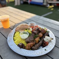 Hamada Kabobs - Mixed Platter Over Rice and Sugar Cane Juice