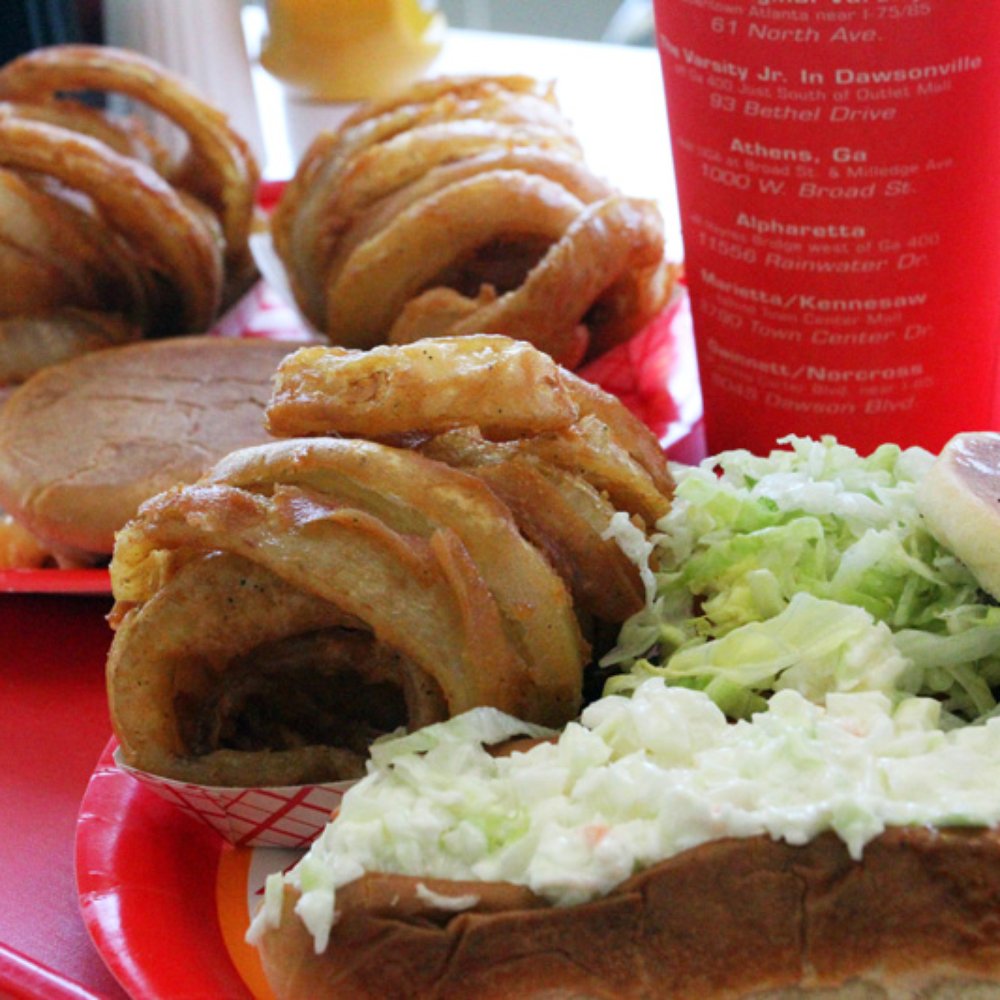 The Varsity - Three orders of Onion Rings, Pimento Cheeseburger, Chili Slaw Dog, Frosted Orange, Sprite - Fast Food Near Me - Norcross, Georgia