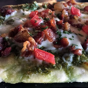 Common Theory - "Daygo Style Flatbread," featuring basil pesto, mozzarella, tomato and shaved Parmesan. One of my favorites! - Gastropubs Near Me - San Diego, California