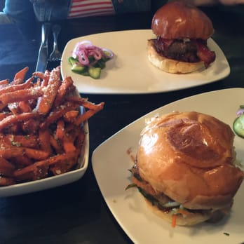 Morrison - Bacon Bourbonator (top) and Old Smokey (bottom) with a side of sweet potato fries - Gastropubs Near Me - Los Angeles, California Morrison - Bacon Bourbonator (top) and Old Smokey (bottom) with a side of sweet potato fries - Gastropubs Near Me - Los Angeles, California