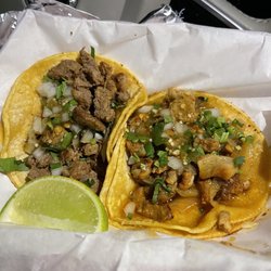 Left-Carne Asada, Right-Al Pastor. Takes me right into the heart of Mexico, A++ flavor and texture