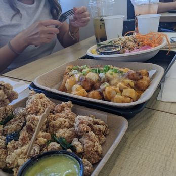 Bopomofo Cafe - Popcorn Chicken (ask for thigh meat) with some kind of yummy green aioli MapoTofu Tator tots Peanut Butter Jelly noodles  ...all delicious - Bubble Tea Near Me - San Gabriel, California