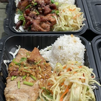 Thai Mee Up - Front: Grilled garlic ahi and back; fried pork - Food Trucks Near Me - Kahului, Hawaii