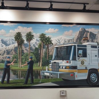 Firehouse Subs - This is a large and interesting mural in the dining area that is the most noticeable "artistic" feature inside. - Fast Food Near Me - Palm Springs, California Firehouse Subs - This is a large and interesting mural in the dining area that is the most noticeable "artistic" feature inside. - Fast Food Near Me - Palm Springs, California