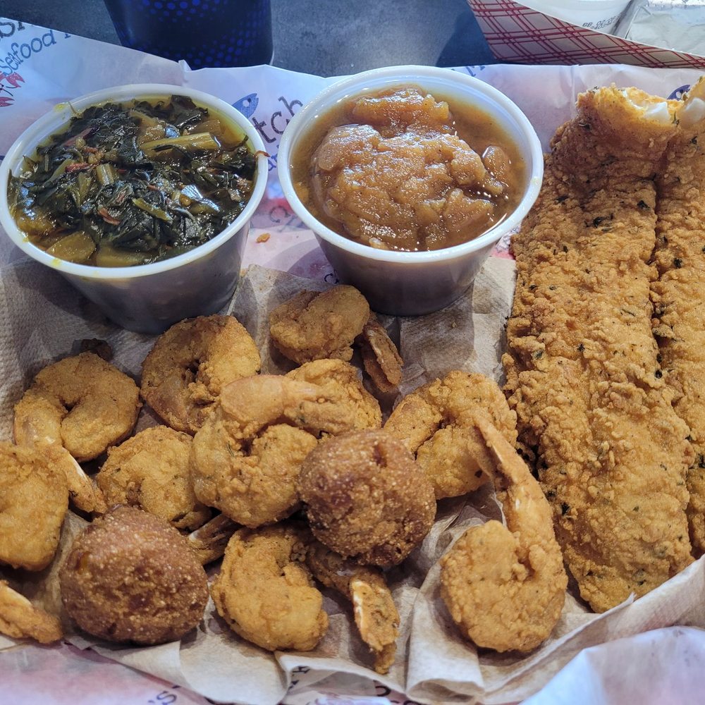 Caplinger's Fresh Catch - Fried Basa and shrimp, greens, yams, hush puppies - Seafood Markets Near Me - Indianapolis, Indiana Caplinger's Fresh Catch - Fried Basa and shrimp, greens, yams, hush puppies - Seafood Markets Near Me - Indianapolis, Indiana