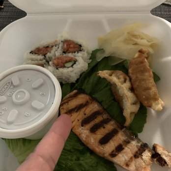 Sake Sushi & Grill - This their idea of a $16.10 salmon teriyaki bento box can the portion get any smaller? Ridiculous! - Sushi Bars Near Me - Placentia, California