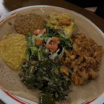 Industry Cafe & Jazz - Chicken tibs and vegetable plate combined into 1 plate - Ethiopian Near Me - Culver City, California
