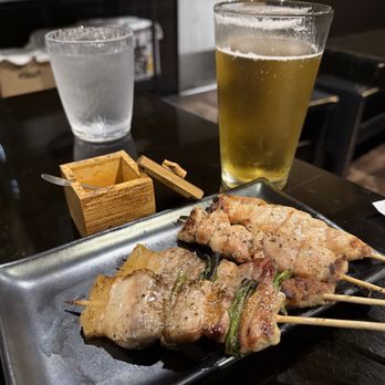 Yakitori Taisho - Pork belly and one chicken breast and thigh with a well deserved beer. I love the grilled taste! - Japanese Near Me - San Diego, California