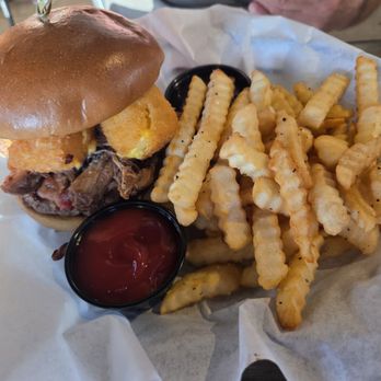The Brass Tap - Bbq burger with Mac n cheese bites And fries - Sports Bars Near Me - Raleigh, North Carolina