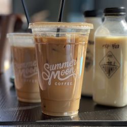 Summer Moon Coffee - We got two "Winter Moon" (iced) coffees. One with regular, dairy-based moon milk and the other with Oatmilk based moon creamer.