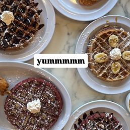cookies and cream waffle, banana (?) waffle, and red velvet waffles! cookies and cream waffle, banana (?) waffle, and red velvet waffles!