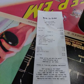 Wingstop - My receipt for an 8 piece 2 flavor meal - Chicken Wings Near Me - Puyallup, Washington