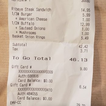 Fuddruckers - Receipt showing Buffalo burger with mushroom and onion paid for - Burgers Near Me - Concord, California Fuddruckers - Receipt showing Buffalo burger with mushroom and onion paid for - Burgers Near Me - Concord, California