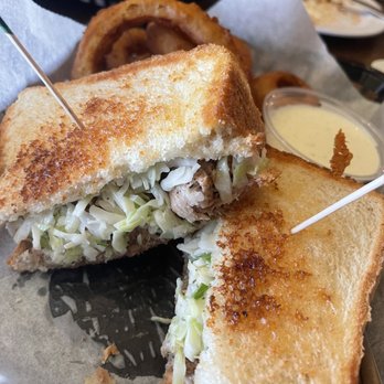 Fishers Grille - Bbq Sandwich on Texas toast with onion rings! - Pubs Near Me - Greensboro, North Carolina Fishers Grille - Bbq Sandwich on Texas toast with onion rings! - Pubs Near Me - Greensboro, North Carolina