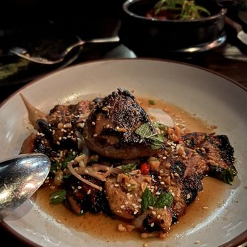 Sparrow + Wolf - Black Pepper & Honey Pork with duck liver on top. - New American Near Me - Las Vegas, Nevada