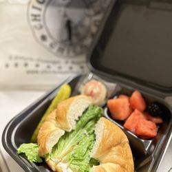 Chicken Salad Chick - Yummy lunch: fruity Fran chicken salad with croissant and fruit on the side