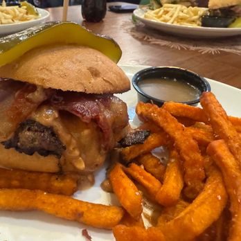 The Guilt Free Glutton - P&J Burger w/gluten free bun. Sweet potato fries with maple glaze dipping sauce. - New American Near Me - Las Vegas, Nevada The Guilt Free Glutton - P&J Burger w/gluten free bun. Sweet potato fries with maple glaze dipping sauce. - New American Near Me - Las Vegas, Nevada