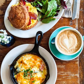 Oddfellows Cafe & Bar - Baked eggs, homemade biscuit with bacon, latte @monmon.eats on Instagram! - Breakfast & Brunch Near Me - Seattle, Washington