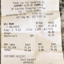 Europcar Car Hire - Receipt date and time stamped, 2 miles and 10 minutes from the car rental return location.