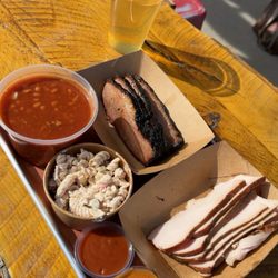 Follow Yer Nose BBQ - Brisket with burnt end baked beans, pasta salad and smoked turkey!