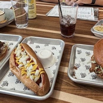 Bissell Brothers - Chips (in back), Smash burger, homemade hot dog, chicken sandwich, and homemade pretzels with beer cheese. - Breweries Near Me - Portland, Maine Bissell Brothers - Chips (in back), Smash burger, homemade hot dog, chicken sandwich, and homemade pretzels with beer cheese. - Breweries Near Me - Portland, Maine