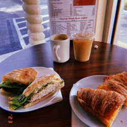 Gizzi's Coffee - Tuna and Swiss Cheese Ciabatta Bread Panini & Bacon, Egg and Cheese Sandwich Breakfast - Small Ice Coffee & Americano