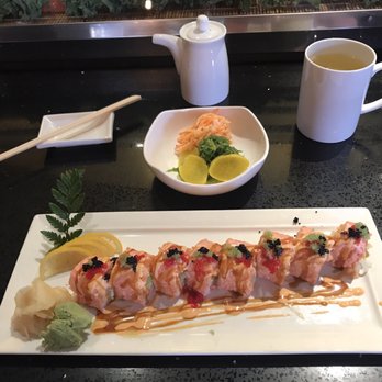 Miyabi - Pink Lady Roll made with spicy salmon and seaweed, crab and radish salad. - Sushi Bars Near Me - Pleasantville, New York