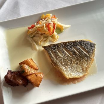 Pierre's - PAN ROASTED BRANZINO roasted potatoes, sweet plantain, fennel pikliz, smoked trout roe & crab butter - French Near Me - Islamorada, Florida